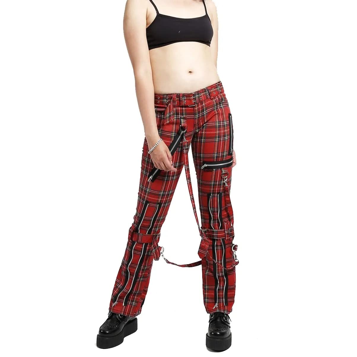 Gothic Bondage Pants for Women - Prime Quality Plaid Red Rock Jeans, Alternative Rebel Emo Pants | Perfect for Concerts, Halloween, Cosplay & Gothic Fashion
