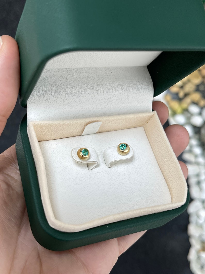 0.40tcw 14K Gold Medium Green 3.5mm Domed Round Cut Emerald Stud Earrings with Bezel Setting - Perfect for Everyday Wear, Gift Giving & Special Occasions