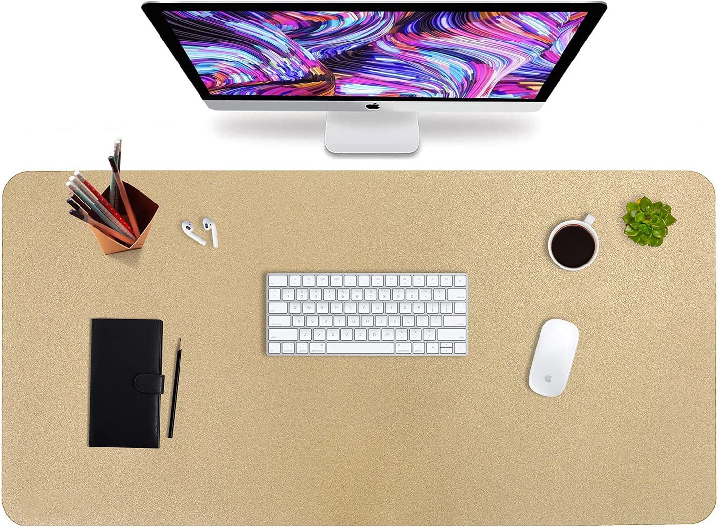 Premium HofferRuffer Faux Leather Desk Pad - Waterproof Office Desk Protector Mat for Keyboard & Mouse, Dual-Sided Design for Home & Office Use (Gold, 31.5
