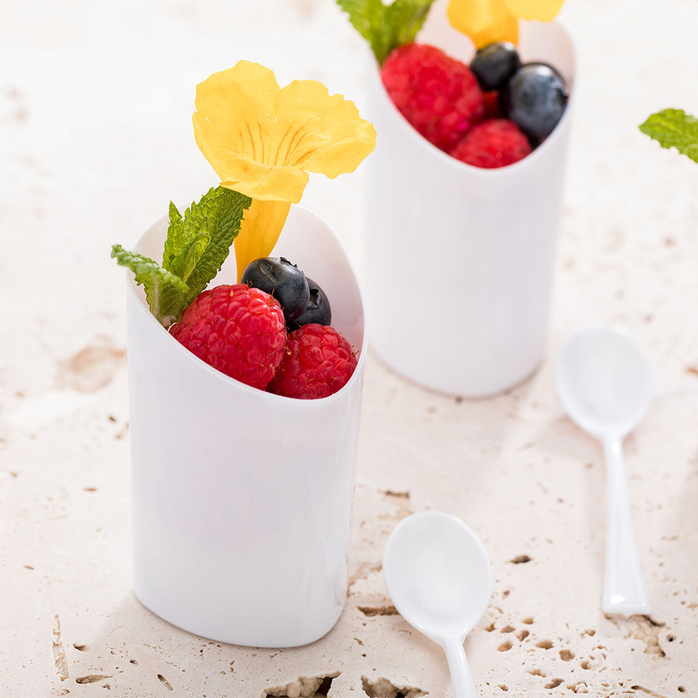 100-Pack 3 oz White Plastic Triangle Shot Glasses with 100 Silver Mini Plastic Spoons - Perfect for Parties, Bars, and Cocktail Events