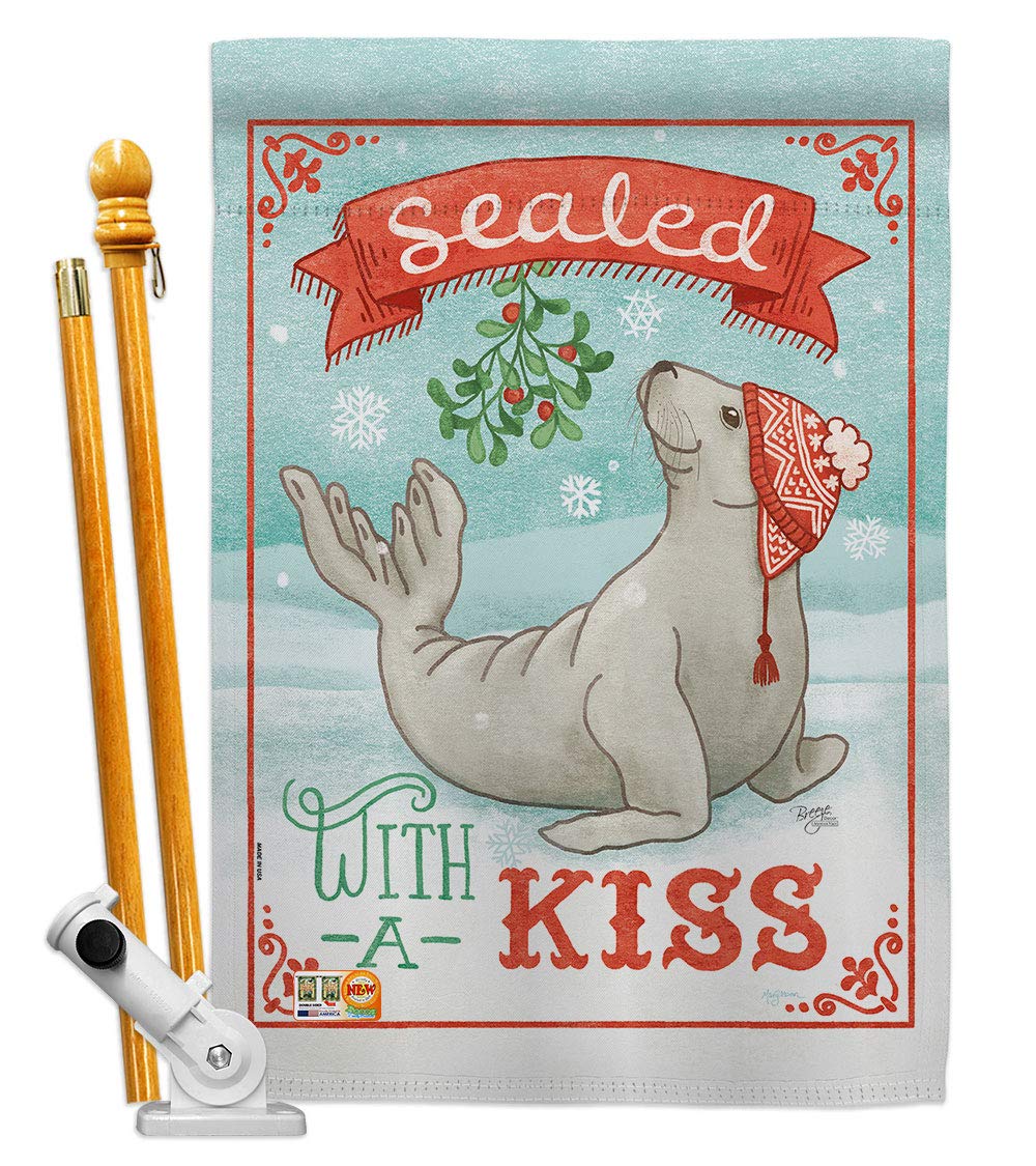 Winter Christmas House Flag Set 28x40 with Flagpole - Breeze Decor HS114154-BO for Holiday Outdoor Decor
