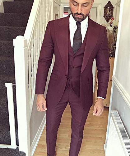 Men's Burgundy Wine Red 3-Piece Wedding Suit Set - Slim Fit Tuxedo Blazer, Pants & Vest for Groomsmen | Perfect for Formal Weddings, Proms & Black Tie Events