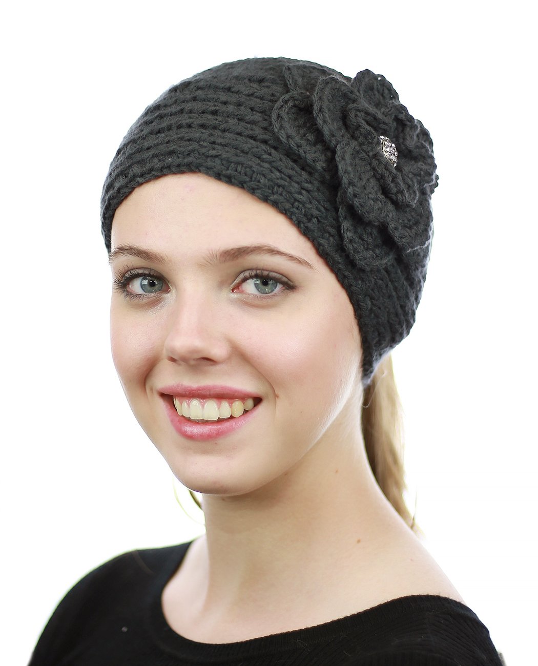 NYFASHION101 Stone Accent Hand Knitted Flower Winter Headband - Warm Knit Headwrap for Women & Girls - Perfect for Cold Weather, Outdoor Activities & Fashion Accessories