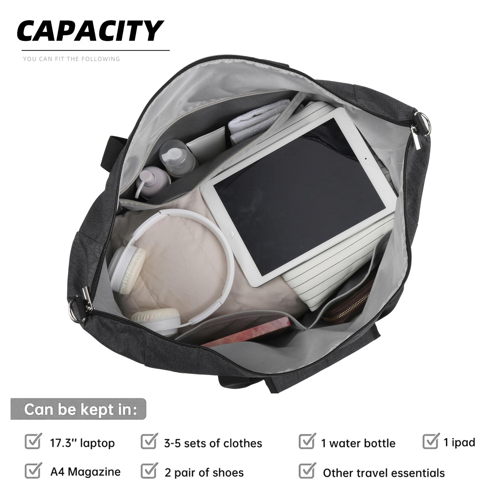 Waterproof Foldable Travel Duffel Bag for Women & Men - Lightweight Gym Tote with Wet Pocket - Carry On Luggage for Sports, Workouts & Weekend Getaways - Perfect for Gym, Yoga, Beach Trips & Air Travel (Black)