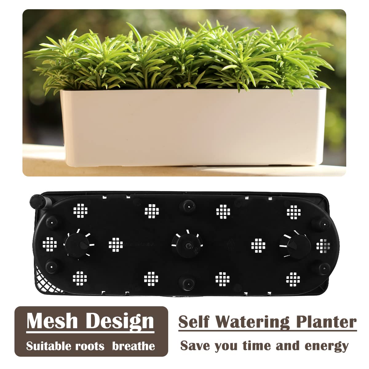 2 Pack Black Self Watering Rectangular Planters - 15.6 x 5.4 Inch Indoor Window Sill Flower Pots with Drainage Holes | Perfect for Herbs, Succulents & Small Plants in Kitchen, Office or Balcony