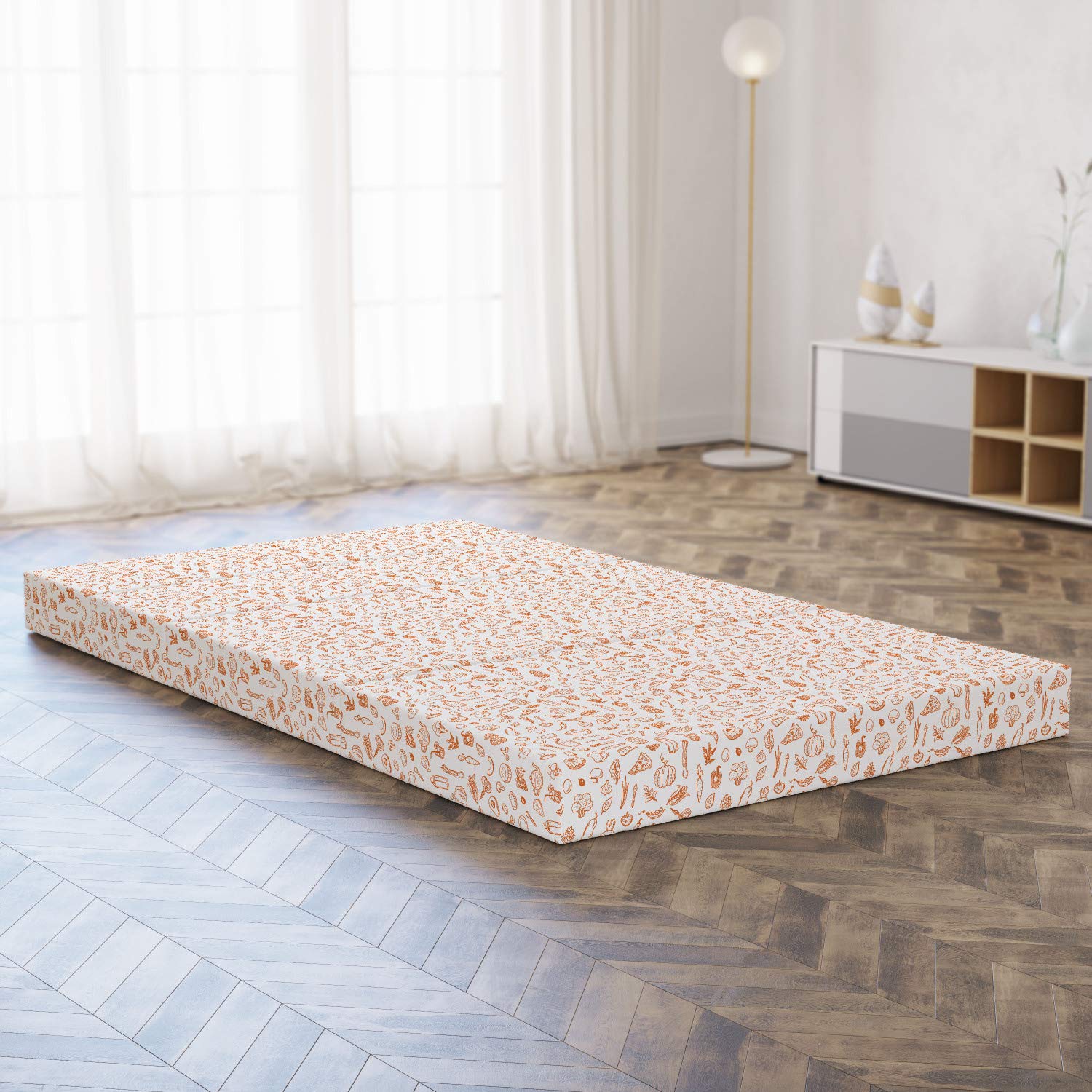 Ambesonne Food Art Foldable Mattress - Rolling Pin Whisk Lemon Print, 78.7 x 47.2 Inches, Burnt Orange & White - Perfect for Guest Beds, Dorm Rooms & Small Spaces
