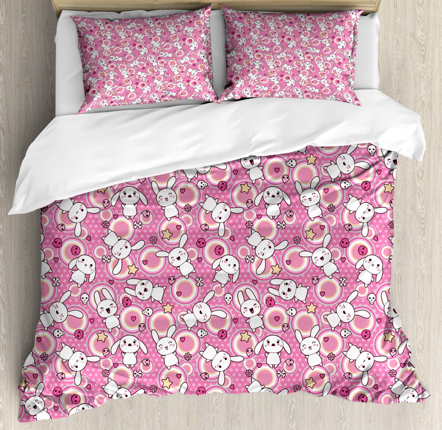 Ambesonne Cartoon Animal Duvet Cover Set - 90s Anime Kawaii Bunny Pattern with Blush Pink Circles, 2-Piece King Size Bedding Set (2 Duvet Covers + 2 Pillowcases) in White Peach Pink | Soft & Breathable for Kids Room, Teen Bedroom, Dorm Decor, Gift Idea