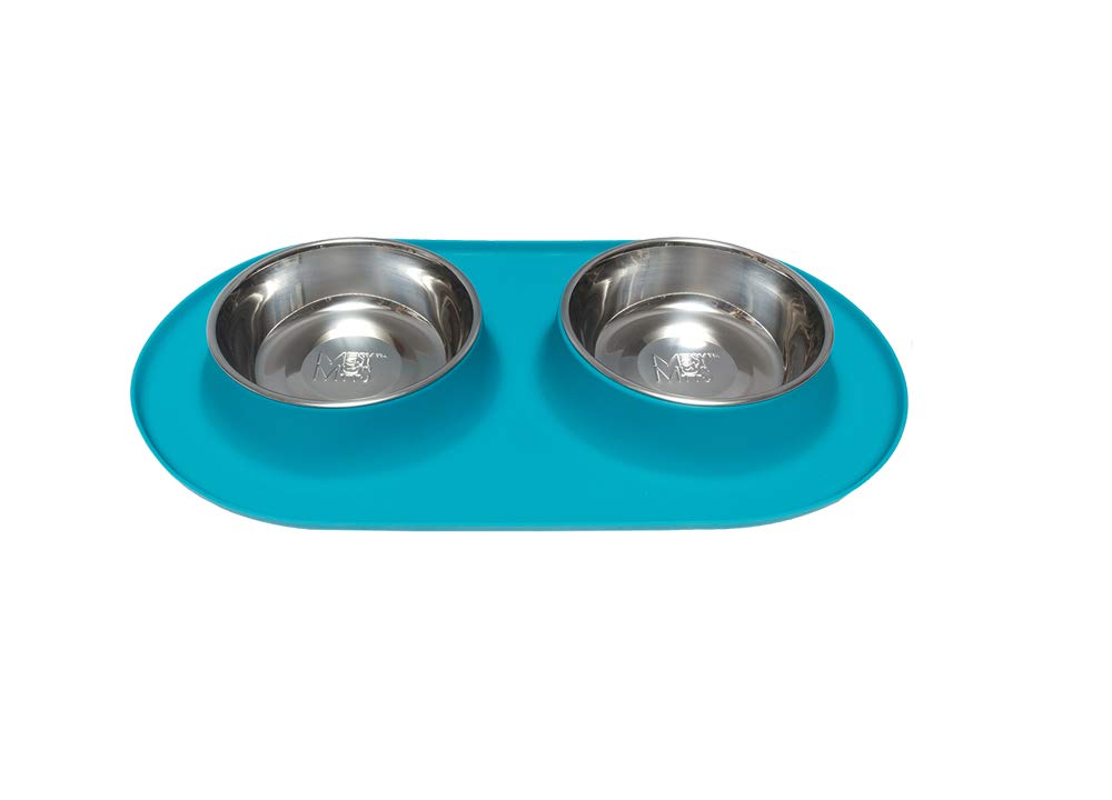 Messy Mutts Double Silicone Non-Slip Dog Feeder with Stainless Steel Bowls - 3 Cup Capacity Per Bowl, Blue - Perfect for Large Dogs & Multi-Pet Homes - Great for Mealtime, Training, and Travel Use
