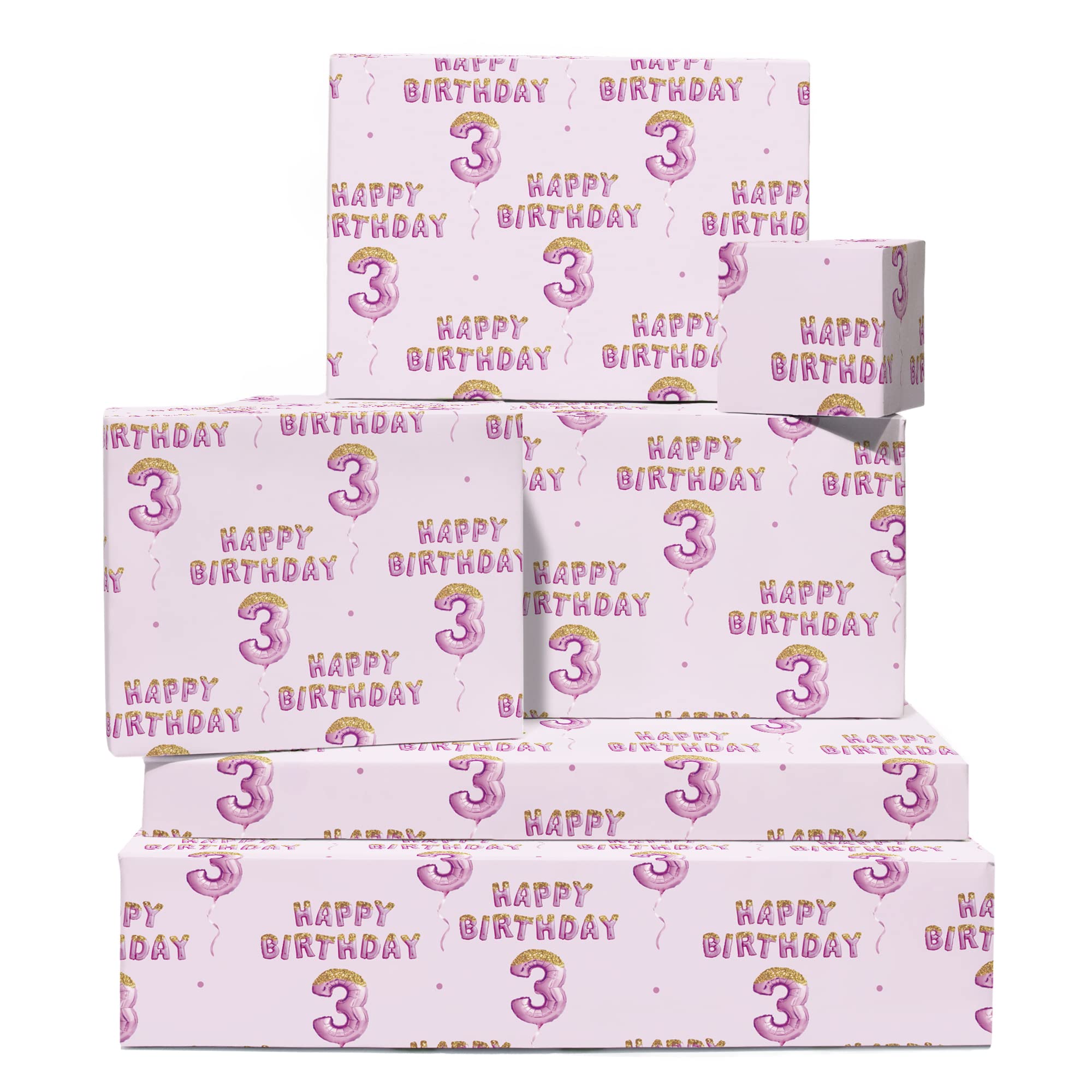 Happy 3rd Birthday Wrapping Paper for Girls - 6 Sheets Pink Recyclable Gift Wrap with Stickers | Perfect for Birthday Party Decorations, Present Wrapping & Special Occasions