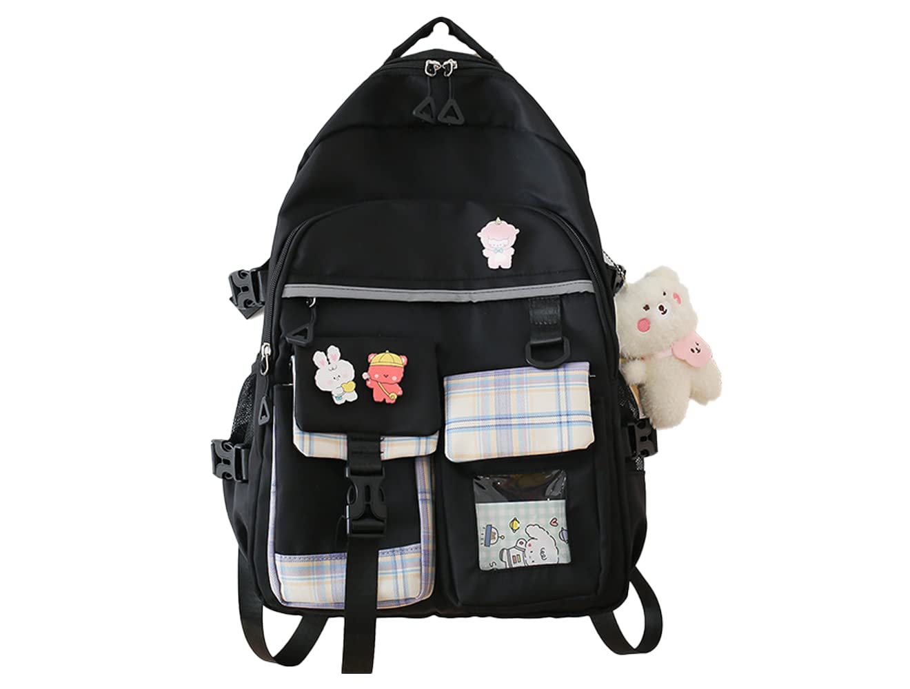 Cute Kawaii Backpack for Teen Girls - Stylish School Bookbag with Adorable Pins & Accessories (Black) - Perfect for School, Travel & Everyday Use
