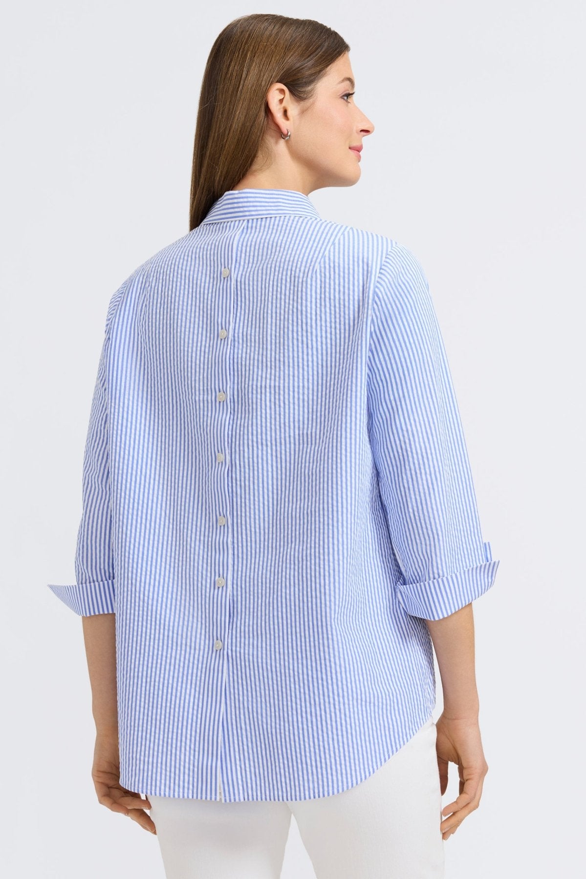 Therese Seersucker Thin Stripe 3/4 Sleeve Popover Shirt for Women - Breathable Summer Casual Top for Office, Beach & Outdoor Activities