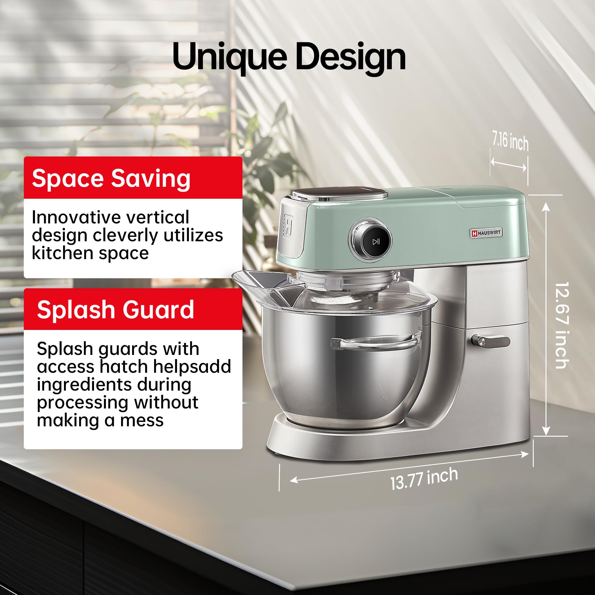 Hauswirt M5 Premium Smart Stand Mixer with LED Touchscreen - 5.3Qt Capacity, 11 Speed Settings, Includes Egg Whisk, Dough Hook & Beater - Perfect for Baking Bread, Cakes & Cookies (Lake Green)