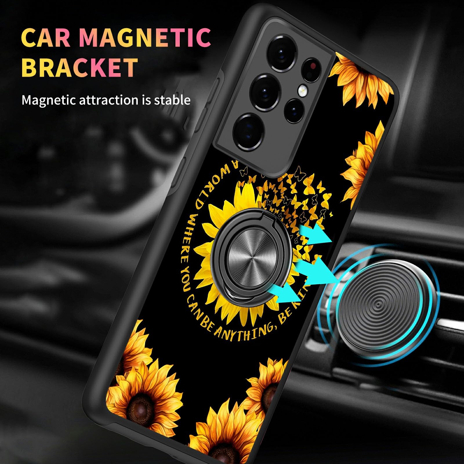 Shockproof Full-Body Protective Case for Samsung Galaxy S21 Ultra with Magnetic Ring Holder - Lightweight Rugged Phone Cover & Car Mount Accessory (Sunflower Butterfly Design) - Perfect for Driving, Outdoor Activities and Daily Protection