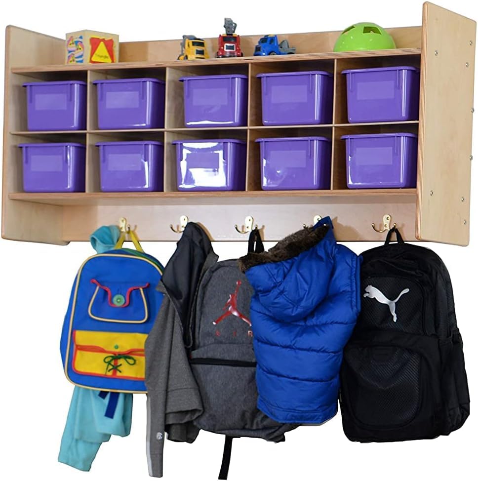 Montessori 10-Section Wall Hanging Cubby Organizer with Purple Storage Bins & Hooks - Sturdy Kids Bookshelf for Homeschool & Classroom - Fully Assembled Space-Saving Storage Solution for Toys, Books & School Supplies