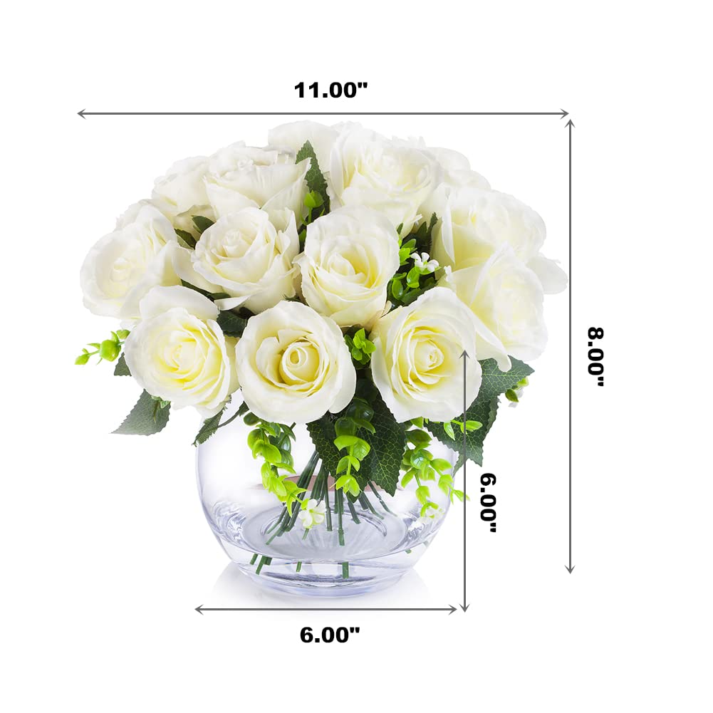 ENOVA FLORAL 18 Heads Silk Rose Artificial Flowers in Vase - Realistic Faux Rose Arrangement with Round Bowl Vase & Faux Water - Perfect for Dining Table Decor, Wedding Centerpieces, Home & Office Decoration (Cream)