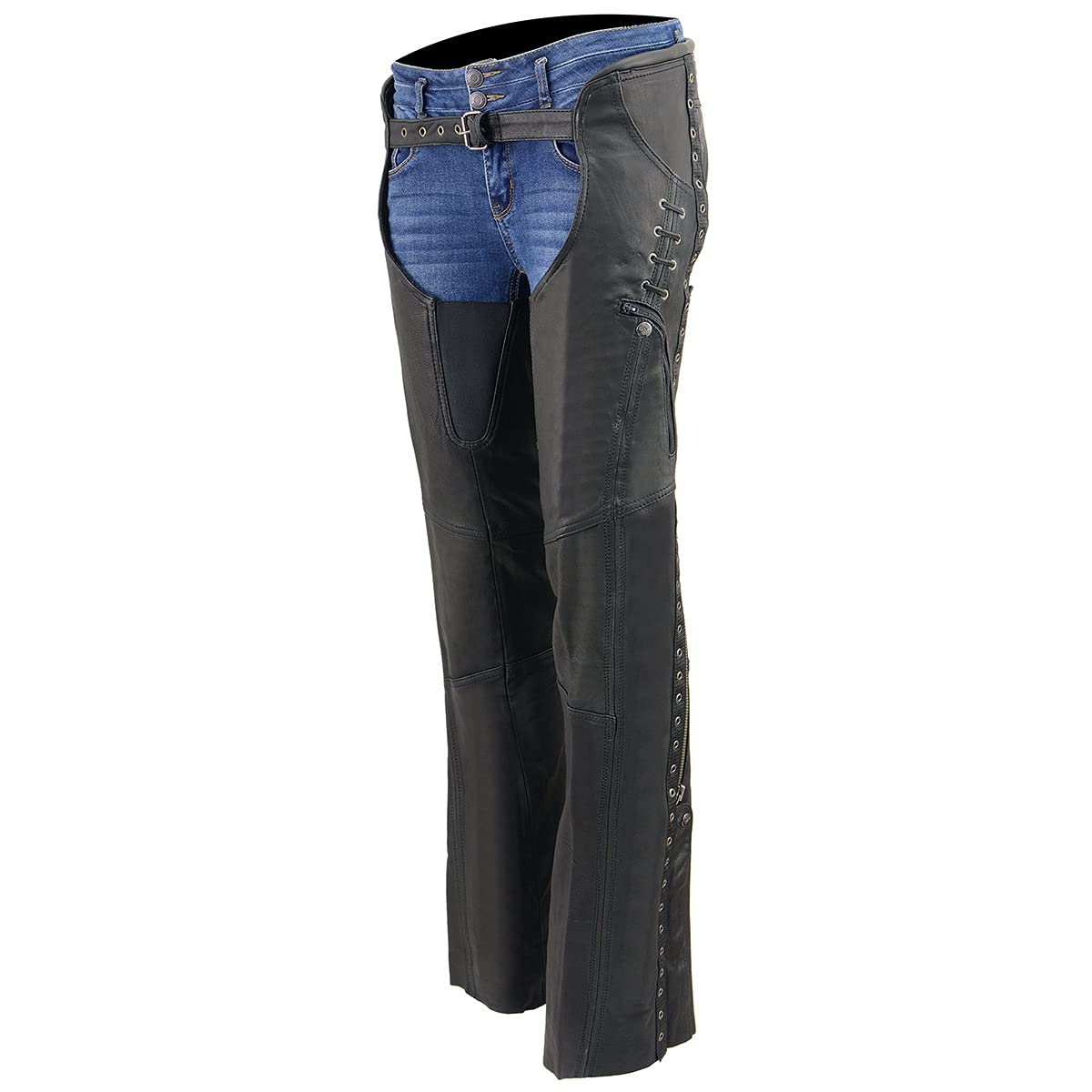Premium Black Goat Skin Leather Motorcycle Chaps for Women - Lightweight, Durable & Stylish with Accent Lacing | Perfect for Riding, Biker Events & Outdoor Adventures - MLL6535