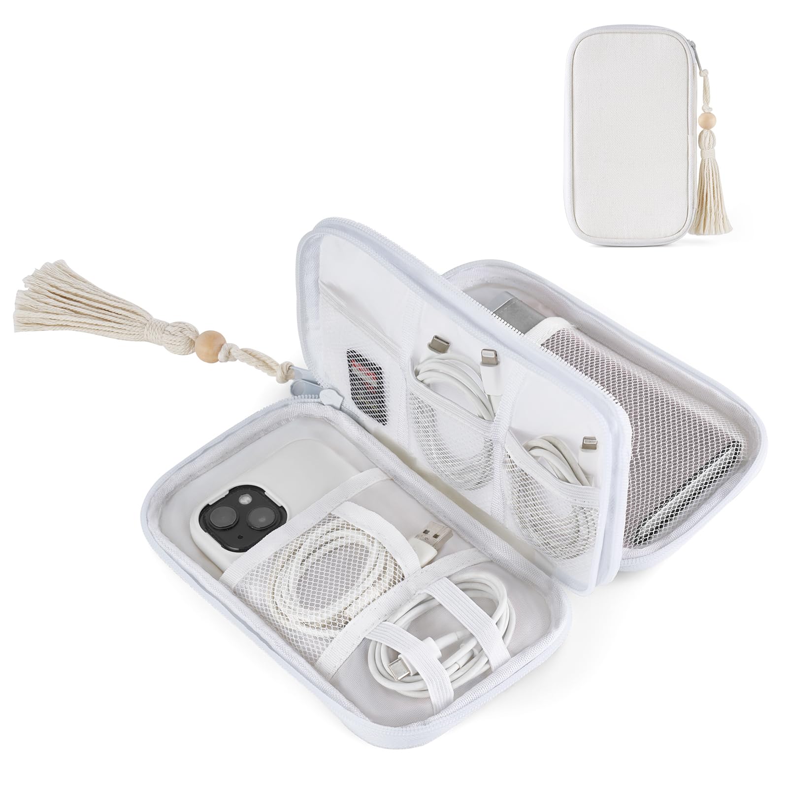 Mkono Small Electronics Organizer Travel Cable Cord Organizer Bag - Portable All-in-One Accessories Storage Case with Tassel for Charger, Phone, USB Cables - Perfect for Women's Travel, Office & Home Organization (White)