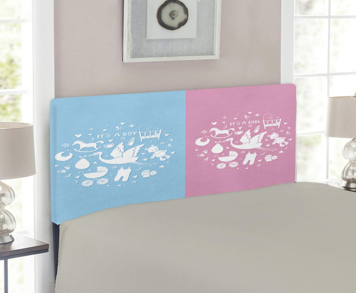 Ambesonne Gender Reveal Headboard - Upholstered Decorative Metal Bed Frame with Memory Foam | Twin Size Pale Pink & Sky Blue | Perfect for Baby Showers, Nursery Decor & Gender Reveal Parties
