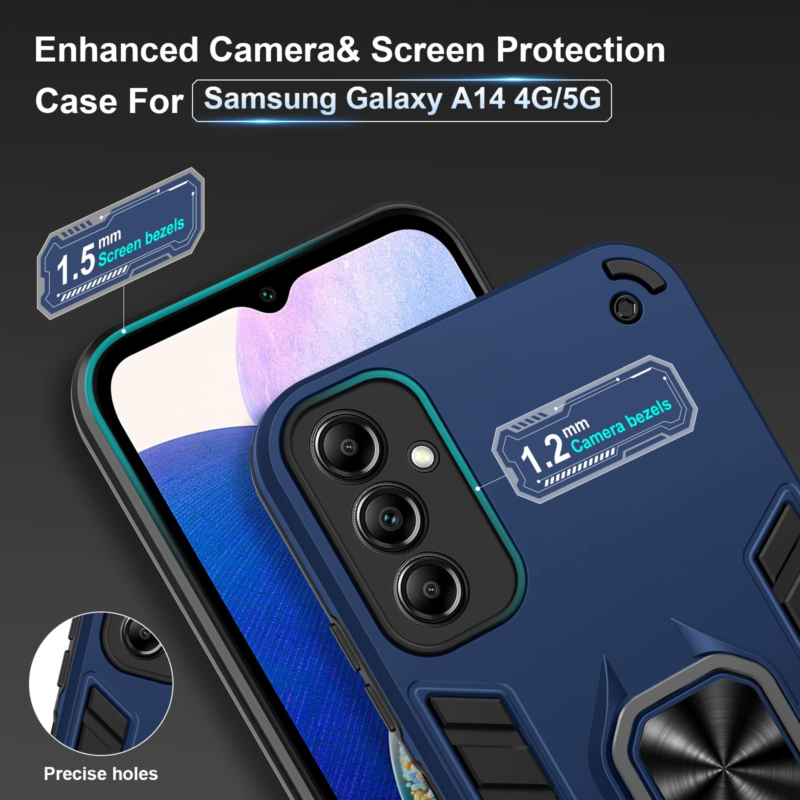Shockproof Heavy Duty Phone Case with Stand & Tempered Glass Screen Protector for Samsung Galaxy A14 - Magnetic Car Mount Compatible, Blue | Perfect for Work, Travel & Everyday Protection