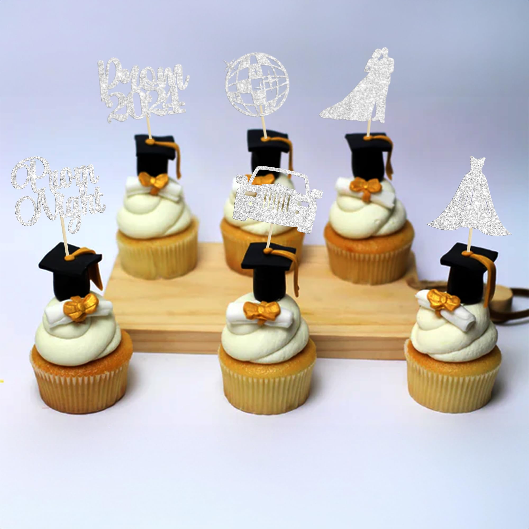 Ephlyn 24Pcs 2025 Graduation Cupcake Toppers - Glitter Prom Cake Decorations for Class of 2025, Silver Shimmer Party Supplies - Perfect for Graduation Ceremonies, Prom Nights & Celebration Cakes