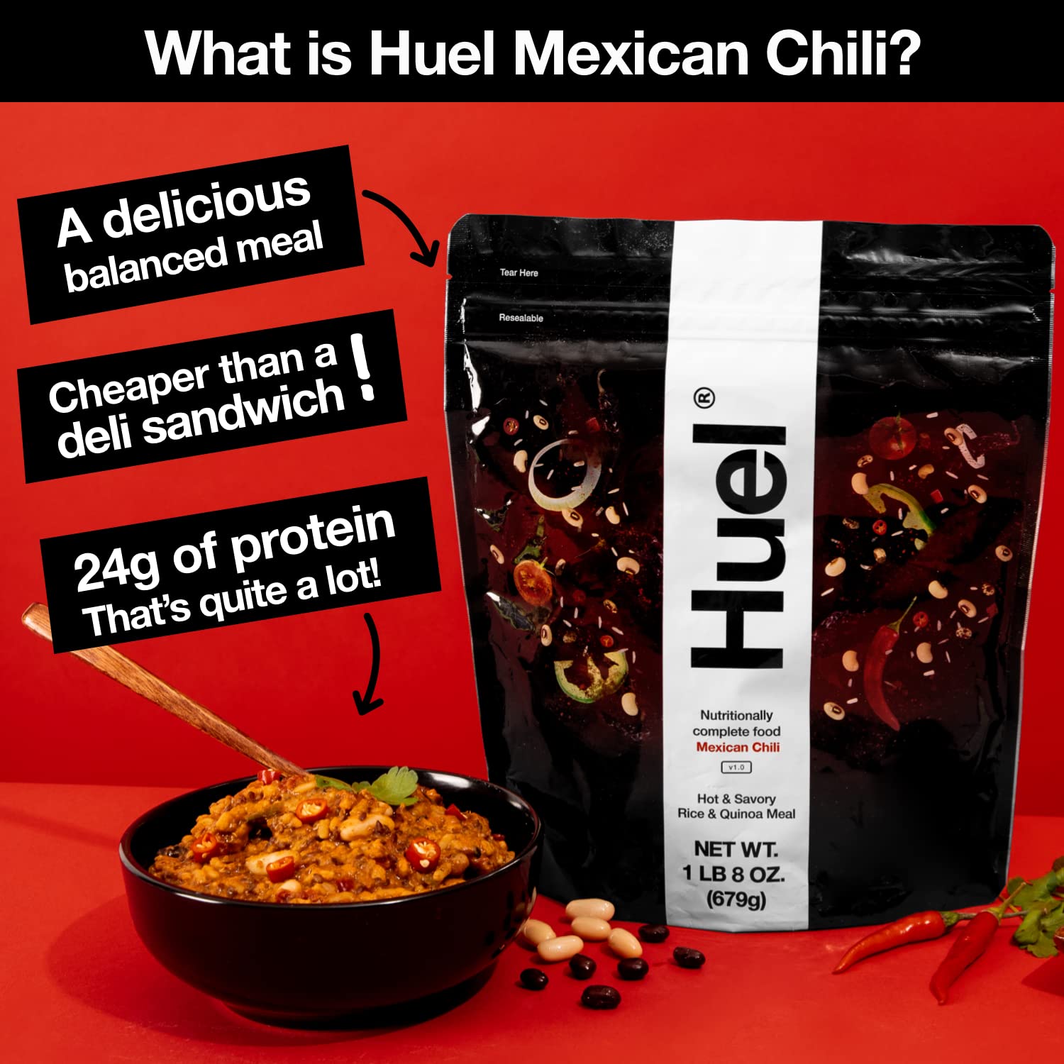 Huel Hot & Savory Instant Meal Replacement - Mexican Chili (14 Scoops) | 100% Nutritionally Complete with 23g Protein, 14g Fiber & 27 Vitamins | Quick Healthy Lunch, Office Meals & On-the-Go Nutrition