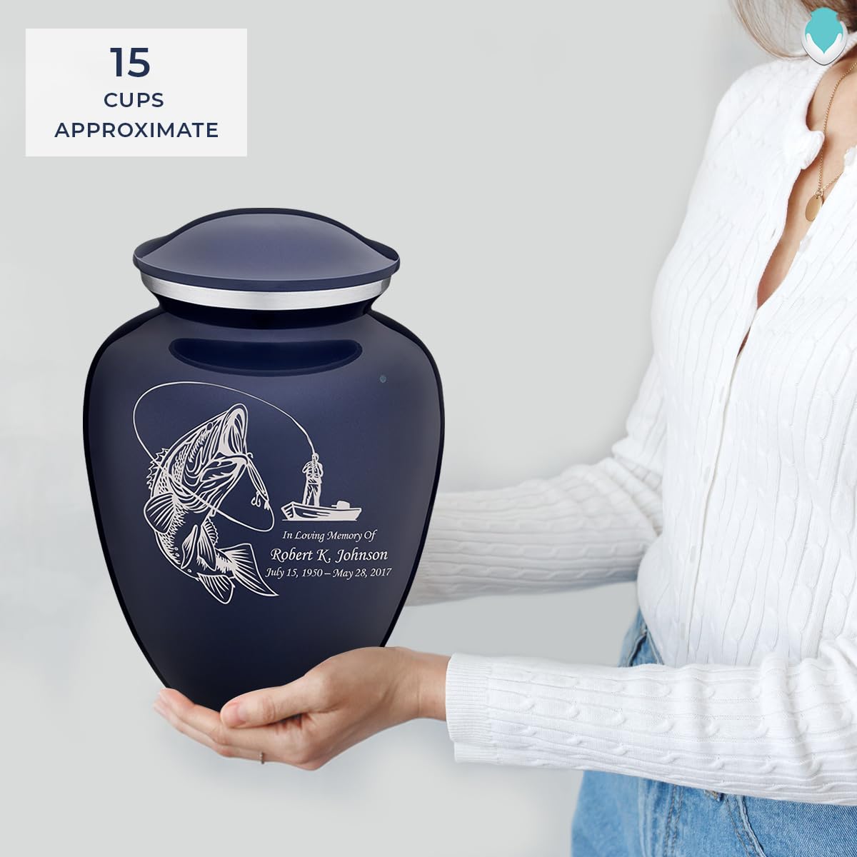Personalized Fishing Cremation Urn for Human Ashes - Large Cobalt Blue Funeral Urn for Adults with Double Side Engraving - Holds Up to 200 lbs - Perfect for Memorial Services & Home Display
