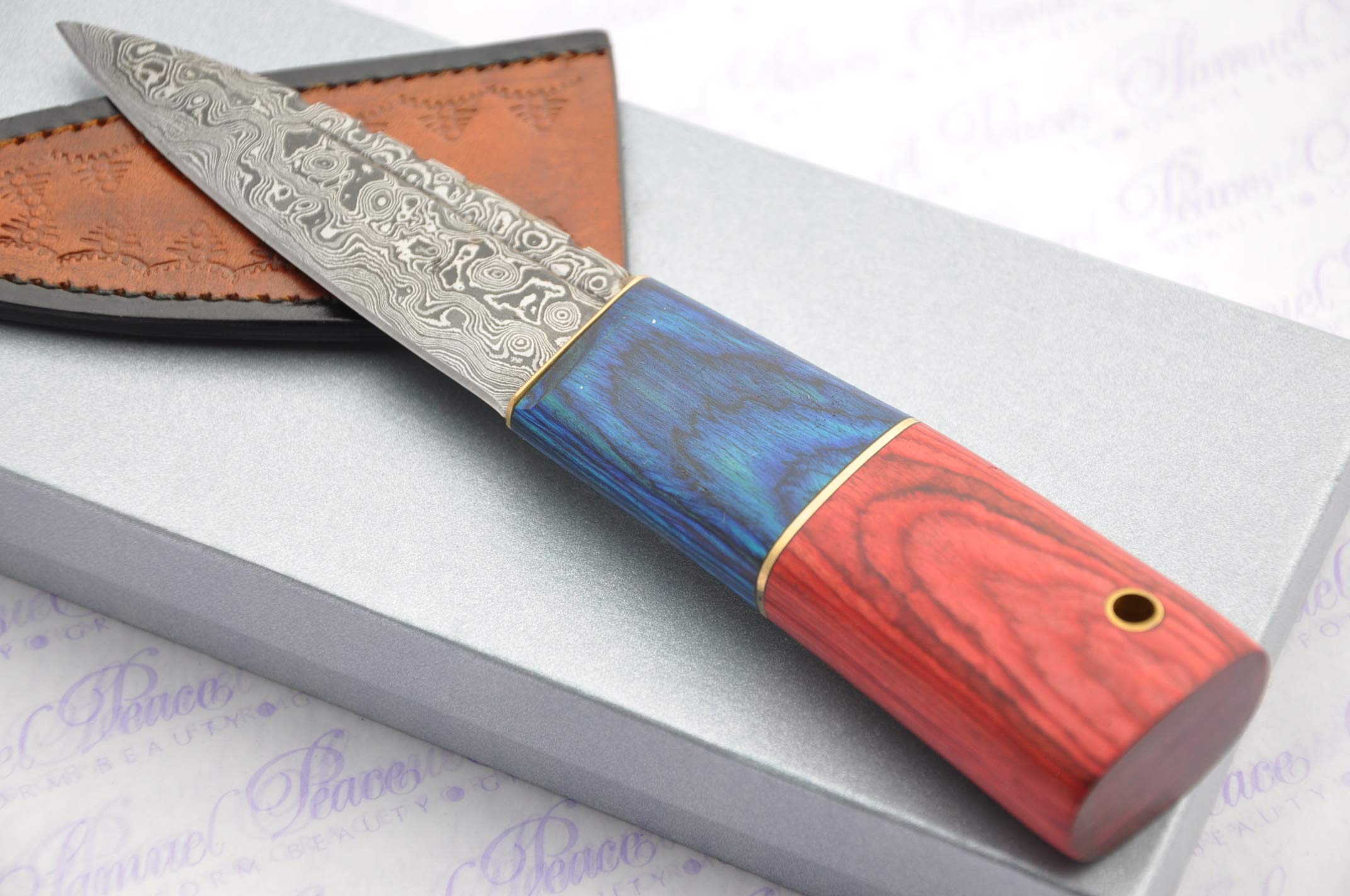 Premium Pakka Wood Sgian Dubh with Damascus Steel Blade - Handcrafted in Sheffield England - Includes Leather Sheath & Gift Box - Perfect for Scottish Weddings, Highland Dress & Collectors