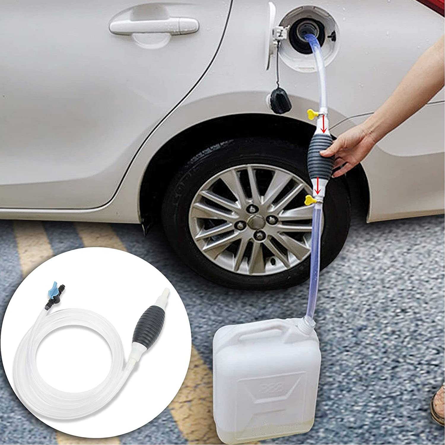 **AUXA High Flow Hand Siphon Pump with 2m Hose - Liquid Transfer Pump for Diesel, Gasoline, Water, Oil & Petrol | Temperature Resistant Check Valve | Portable Fuel Transfer Pump for Cars, Boats, Lawn Mowers & Emergency Use**