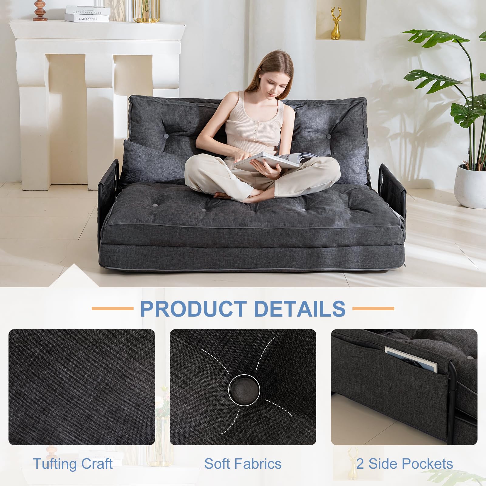MAXYOYO Adjustable Floor Sofa Bed - Multi-Functional Folding Couch Bed with 2 Pillows, Grey - Perfect for Small Spaces, Guest Rooms & Living Room Lounging