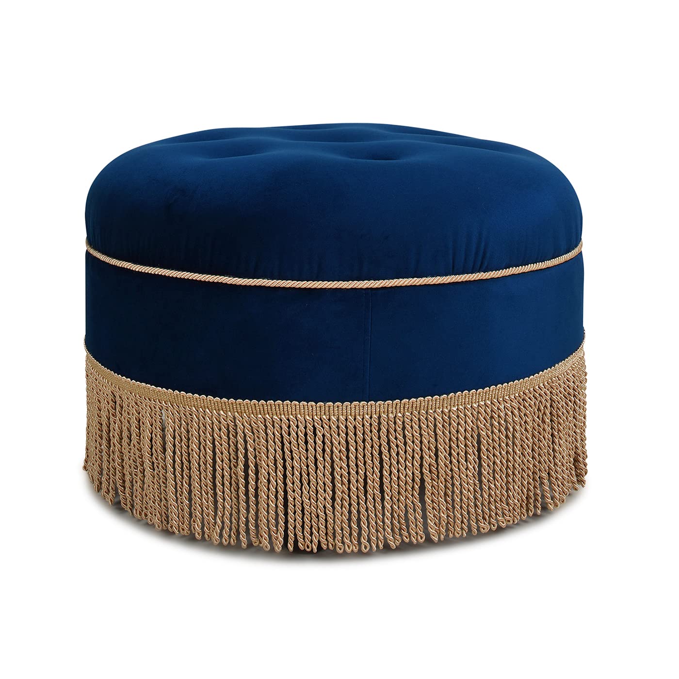 Jennifer Taylor Home Poppy Upholstered Round Accent Ottoman - Navy Blue Velvet with Gold Trim | Stylish Footrest & Living Room Decor for Modern Homes