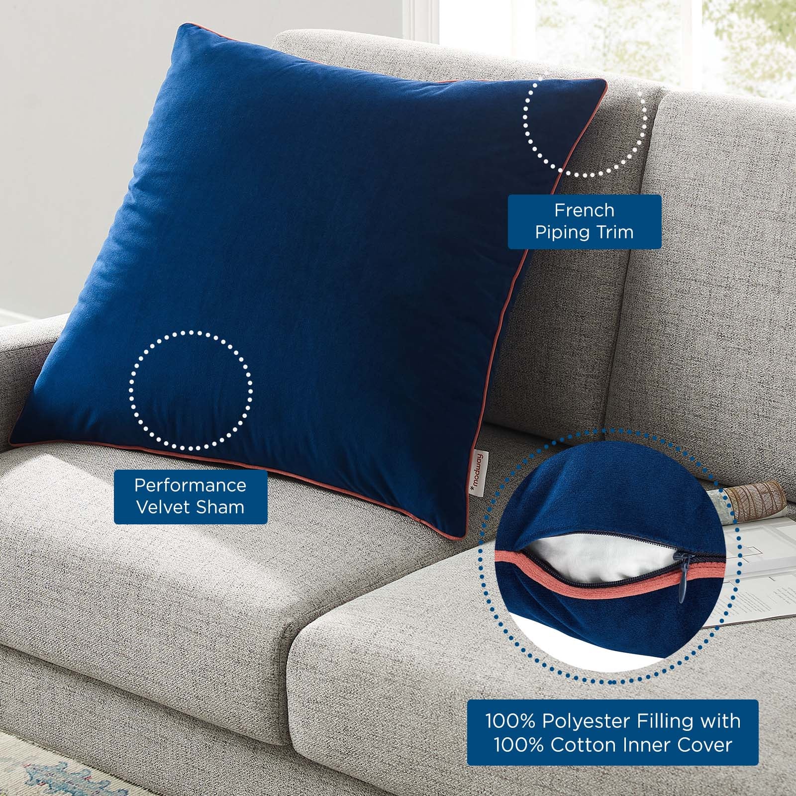 Accentuate 24 Performance Velvet Throw Pillow - Soft Decorative Cushion for Sofa, Bed & Home Decor - Perfect for Living Room, Bedroom & Cozy Spaces