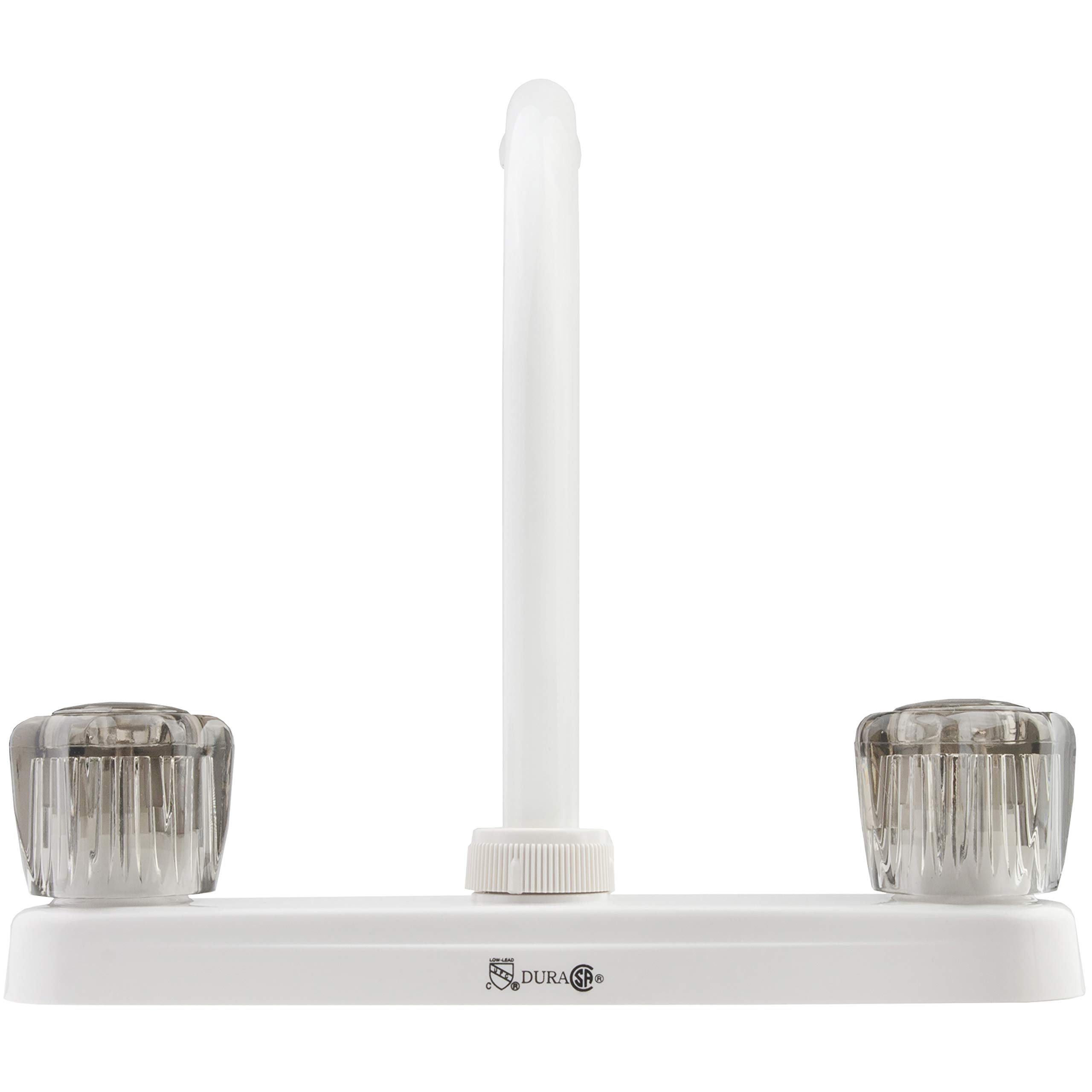 Dura Faucet DF-PK210S-WT High Rise RV Kitchen Sink Faucet with Smoked Acrylic Knobs in White - Perfect for RV, Camper, Tiny Home & Mobile Kitchen Upgrades