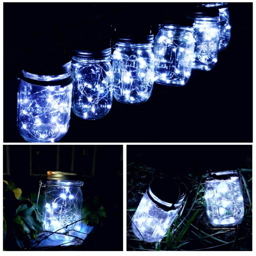 SmilingTown Solar Mason Jar String Light Lids - 12 Pack with 30 LED Fairy Firefly Lights, 12 Hangers & Waterproof Design for Outdoor Garden, Patio, Lawn & Tree Decor (Cool White) | Perfect for Weddings, Parties & Backyard Ambiance