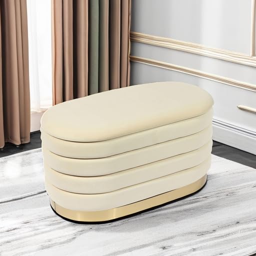 Tov Furniture Lillian Velvet Storage Bench - Cream Upholstered Ottoman with Hidden Storage | Perfect for Bedroom, Living Room & Entryway Organization