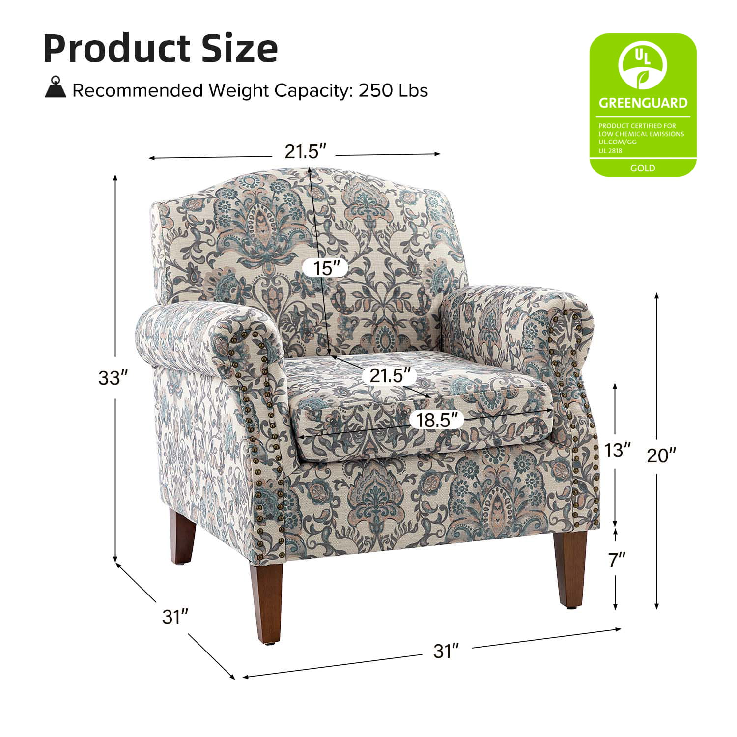Matteo Upholstered Armchair with Nailhead Trim - Modern Accent Chair for Living Room, Bedroom & Office - Comfortable Lounge Chair with Stylish Nailhead Detailing