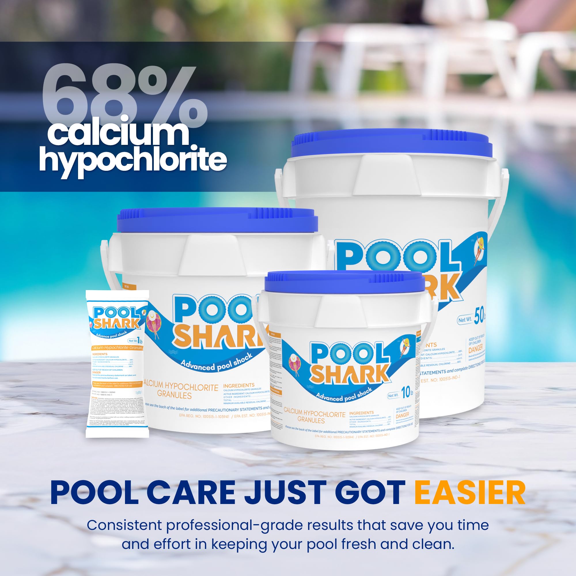 68% Calcium Hypochlorite Pool Shock - 50 lbs Chlorine Granules for Inground & Above Ground Swimming Pools | Fast-Acting Water Treatment for Saltwater & Freshwater Pools | Ideal for Weekly Maintenance & Algae Prevention