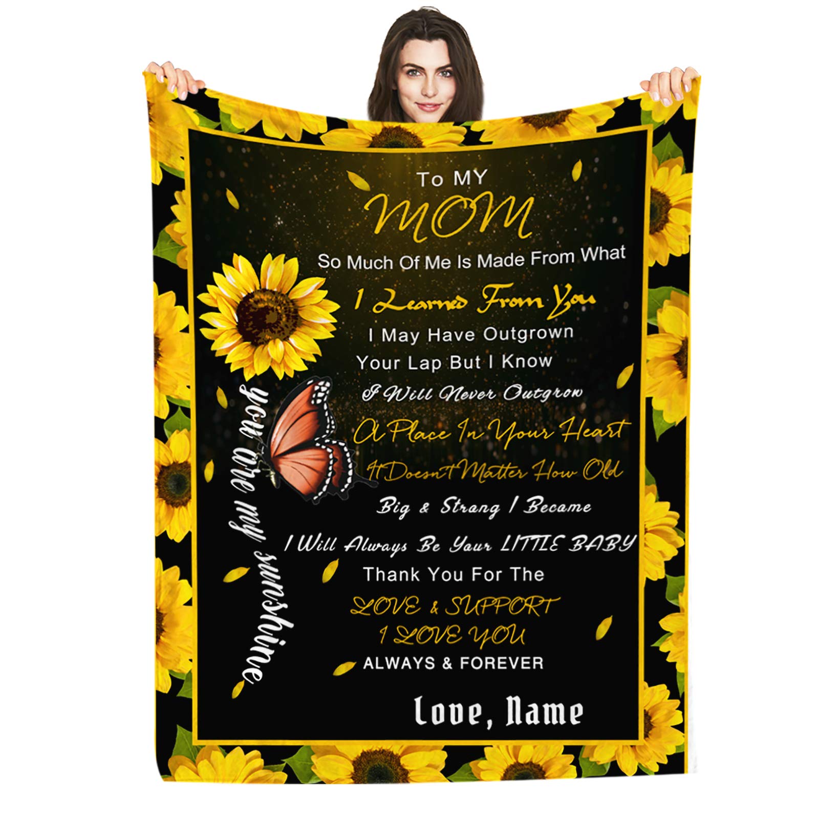 Personalized Custom Name Blanket - Love Letter to Mom from Son & Daughter - Butterfly & Sunflower Design - 40x50 Inches Bed Throw - Perfect Gift for Mother's Day, Birthday & Christmas