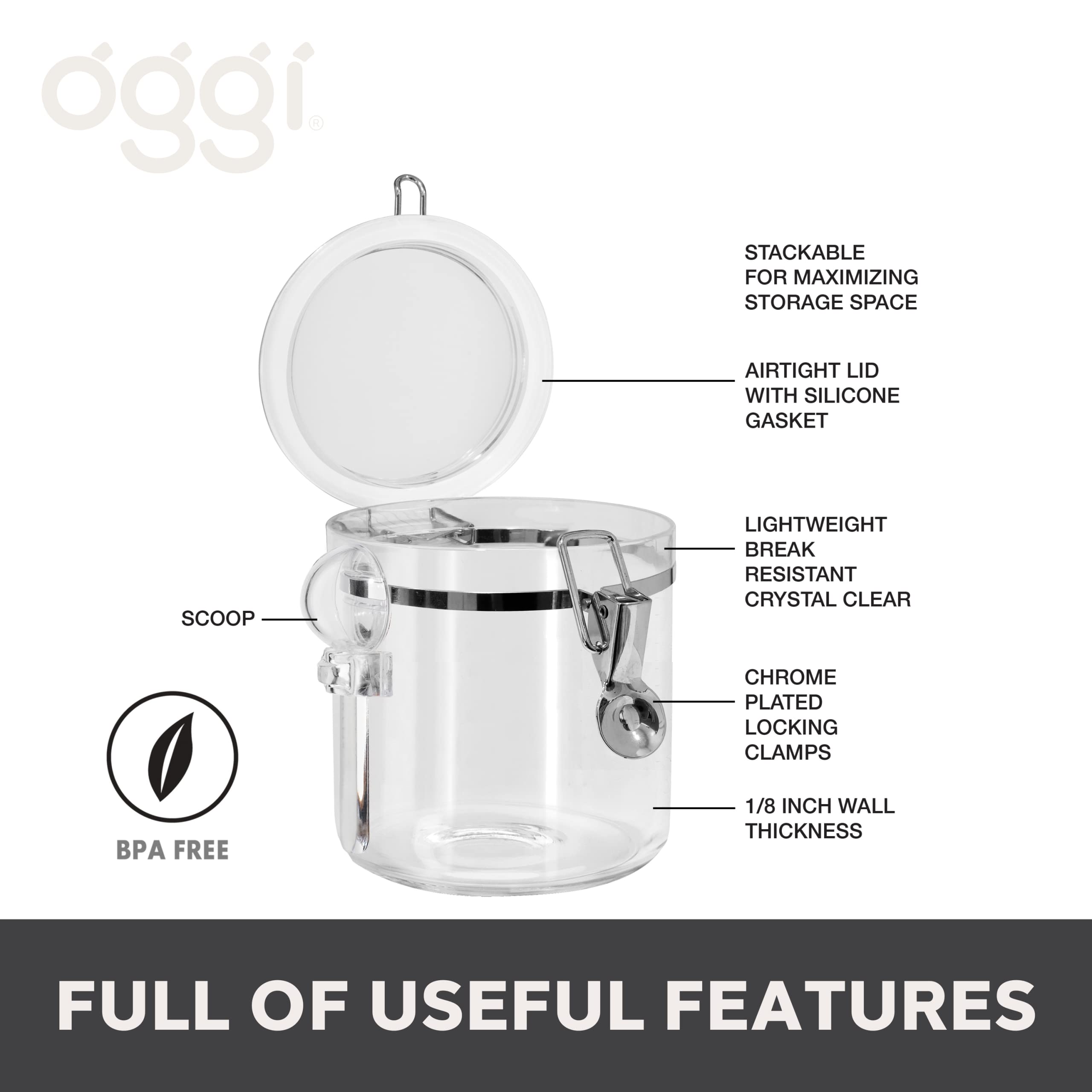 Oggi 4-Piece Clear Airtight Canister Set with Clamp Lids - Perfect for Kitchen & Pantry Storage of Flour, Sugar, Coffee, Rice, Tea, Spices & Herbs - Ideal for Baking, Cooking & Organizing Dry Foods