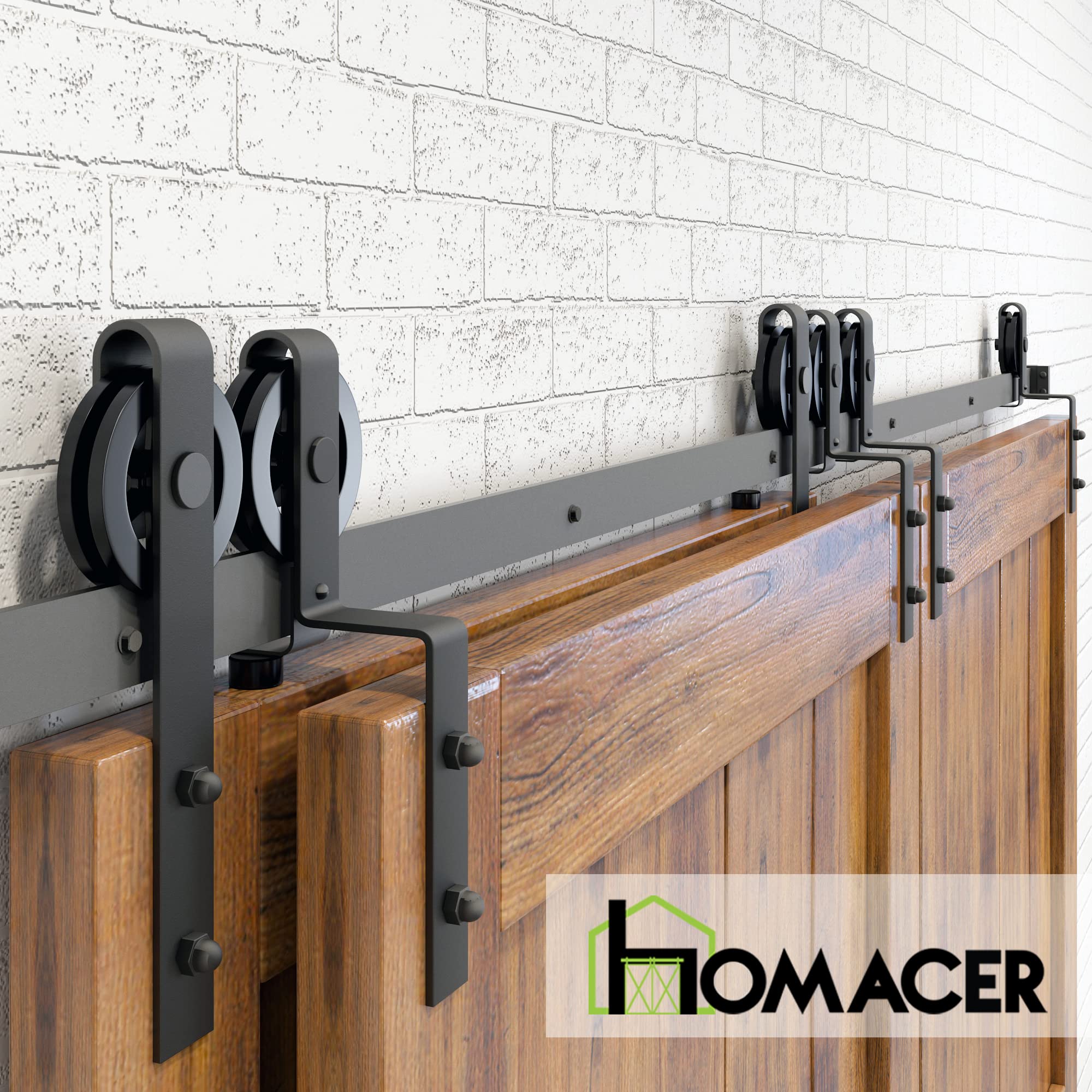 Homacer Black Rustic Single Track Bypass Sliding Barn Door Hardware Kit - 5ft Flat Track with Spoke Wheel Rollers for 3 Doors (1 Flat + 2 Bent Roller Set) - Perfect for Farmhouse, Loft & Industrial Style Home Interiors