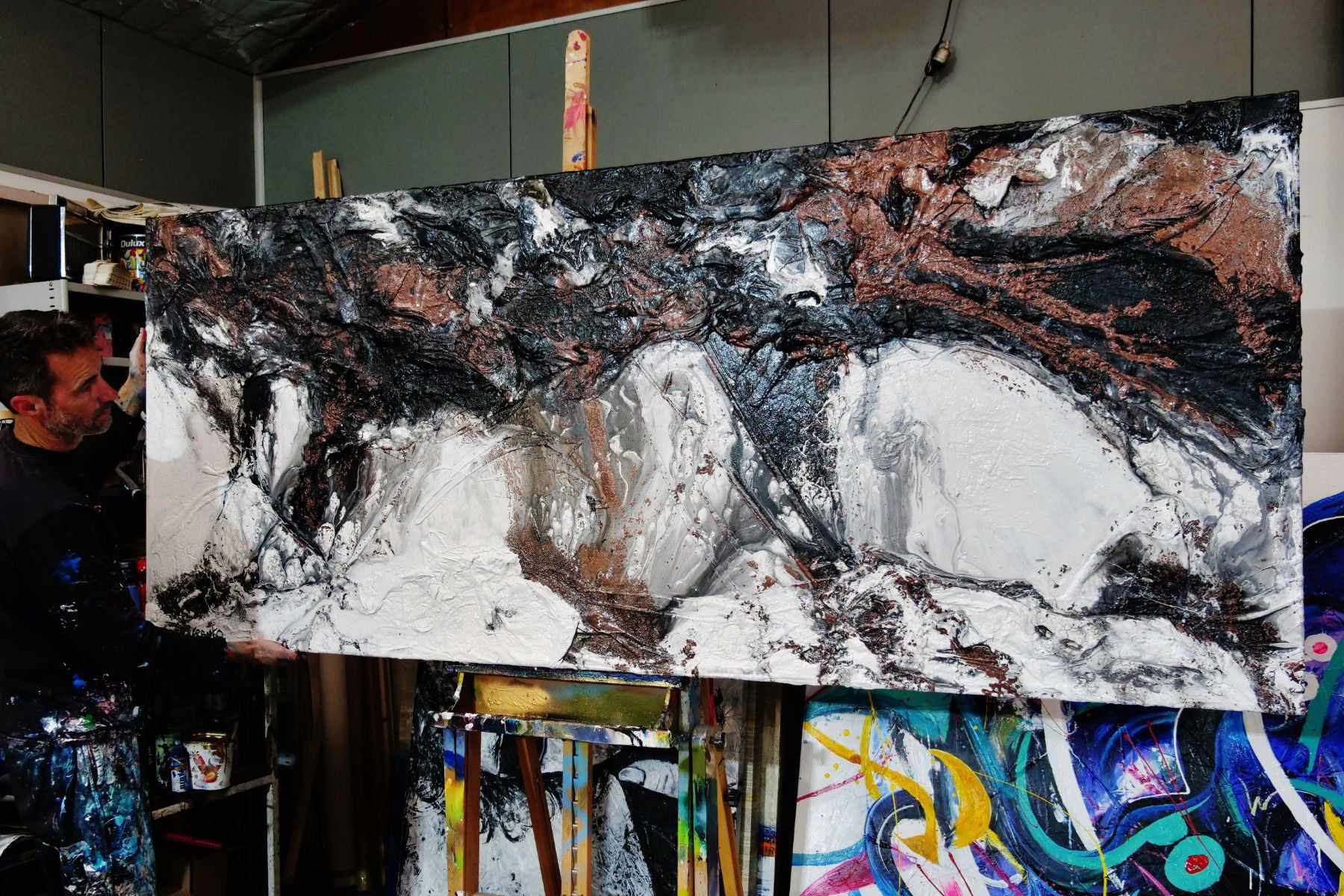 240cm x 100cm Copper Black White Textured Abstract Canvas Art Painting - Modern Home Decor for Living Room, Bedroom & Office Wall