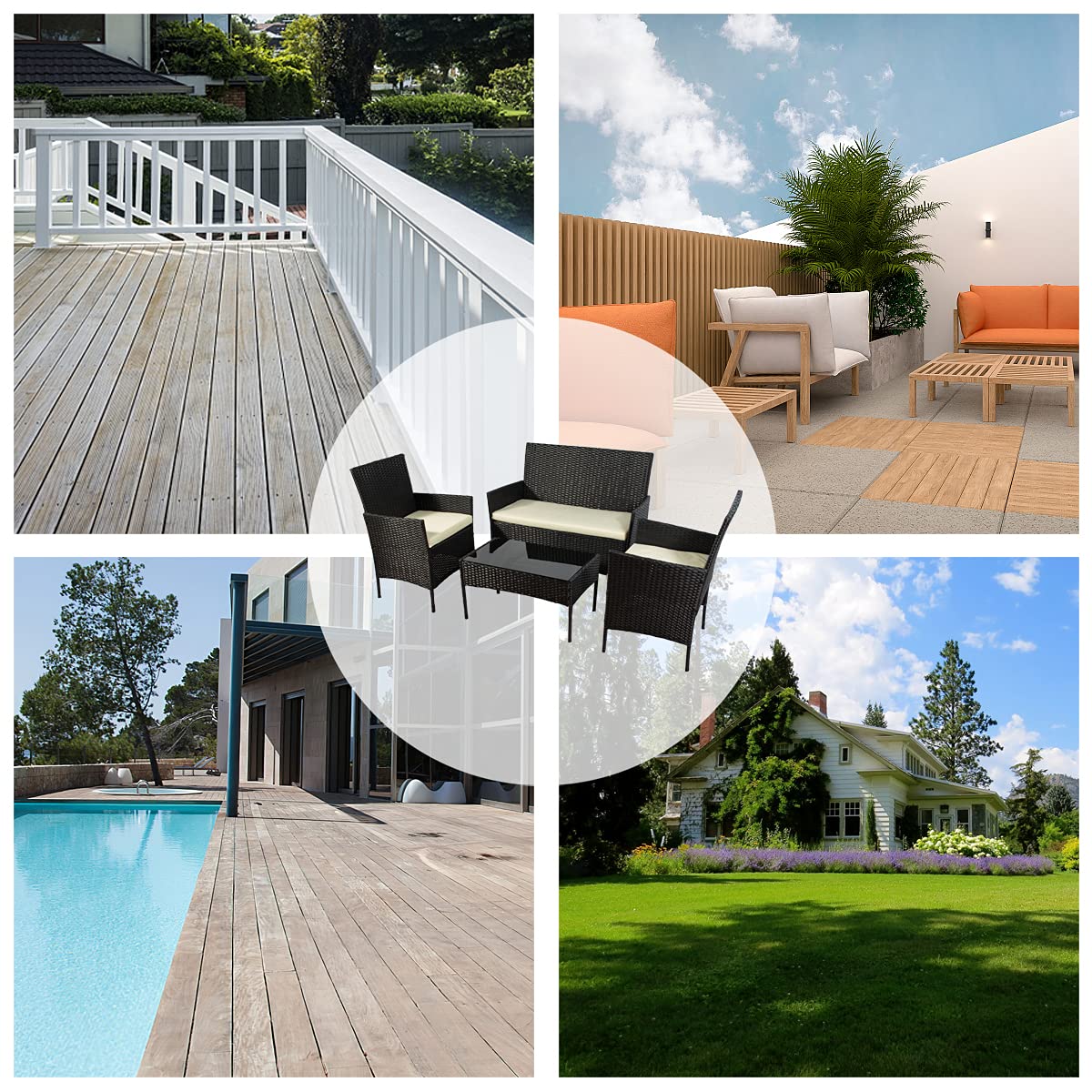 4-Piece Outdoor Patio Furniture Set - All-Weather Wicker Chairs with Cushions & Coffee Table - Black Rattan Conversation Set for Backyard, Porch, Garden, Poolside, Balcony (Indoor/Outdoor Use) - Perfect for Relaxing, Entertaining & Outdoor Dining