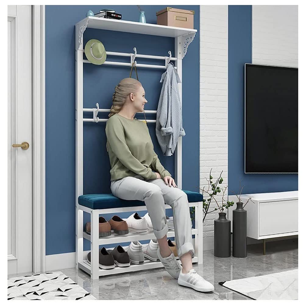 White Entryway Hall Tree with Shoe Bench & Coat Rack - 60