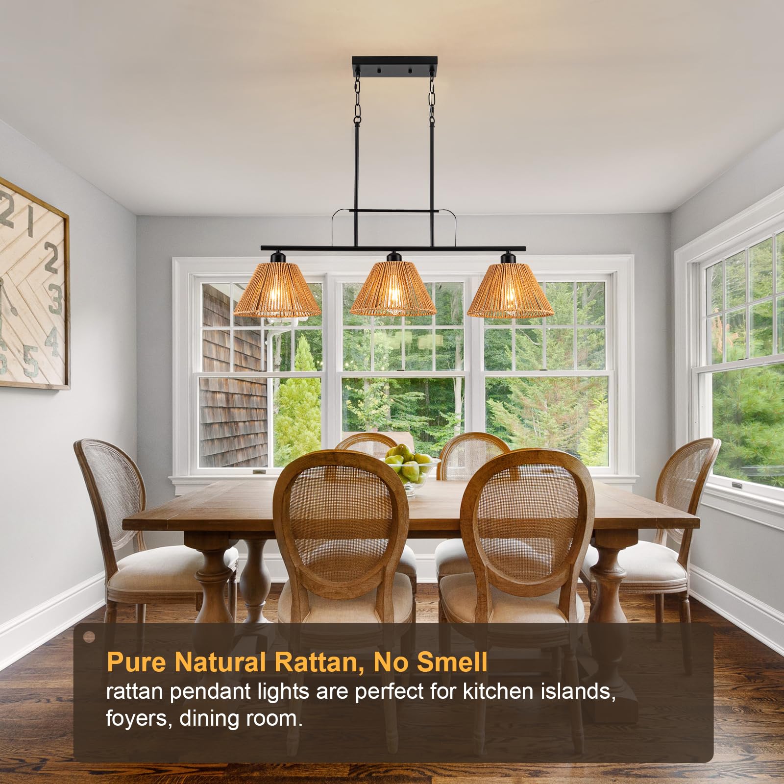 Rattan Farmhouse Kitchen Island Lighting - 3-Light Dining Room Chandelier with Hand Woven Wicker Shade, Linear Pendant Light for Kitchen Island, Dining Table, Living Room, and Bedroom