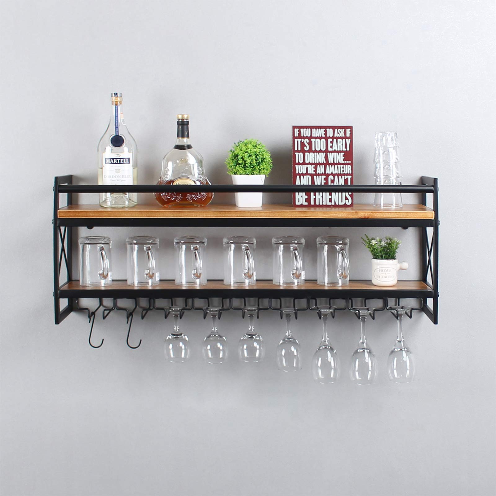 Industrial 2-Tier Wood Wine Rack Wall Mounted - 36