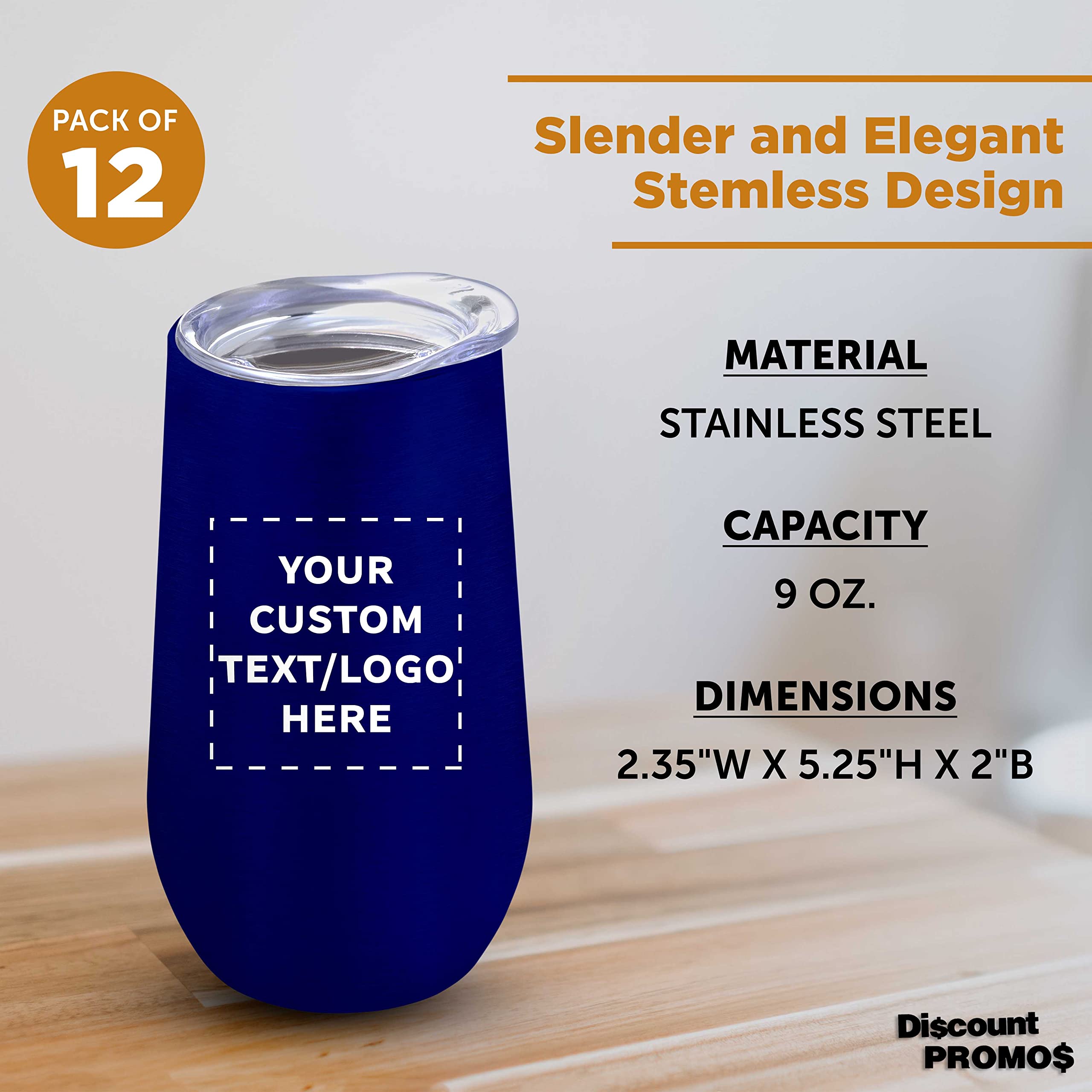 Personalized 12-Piece Set of 9 oz Stainless Steel Stemless Flute Wine Glasses with Lids - Bulk Pack for Wine, Champagne, Cocktails, Hot & Cold Beverages - Durable & Dishwasher Safe - Perfect for Parties, Weddings, Restaurants & Home Entertaining - Blue