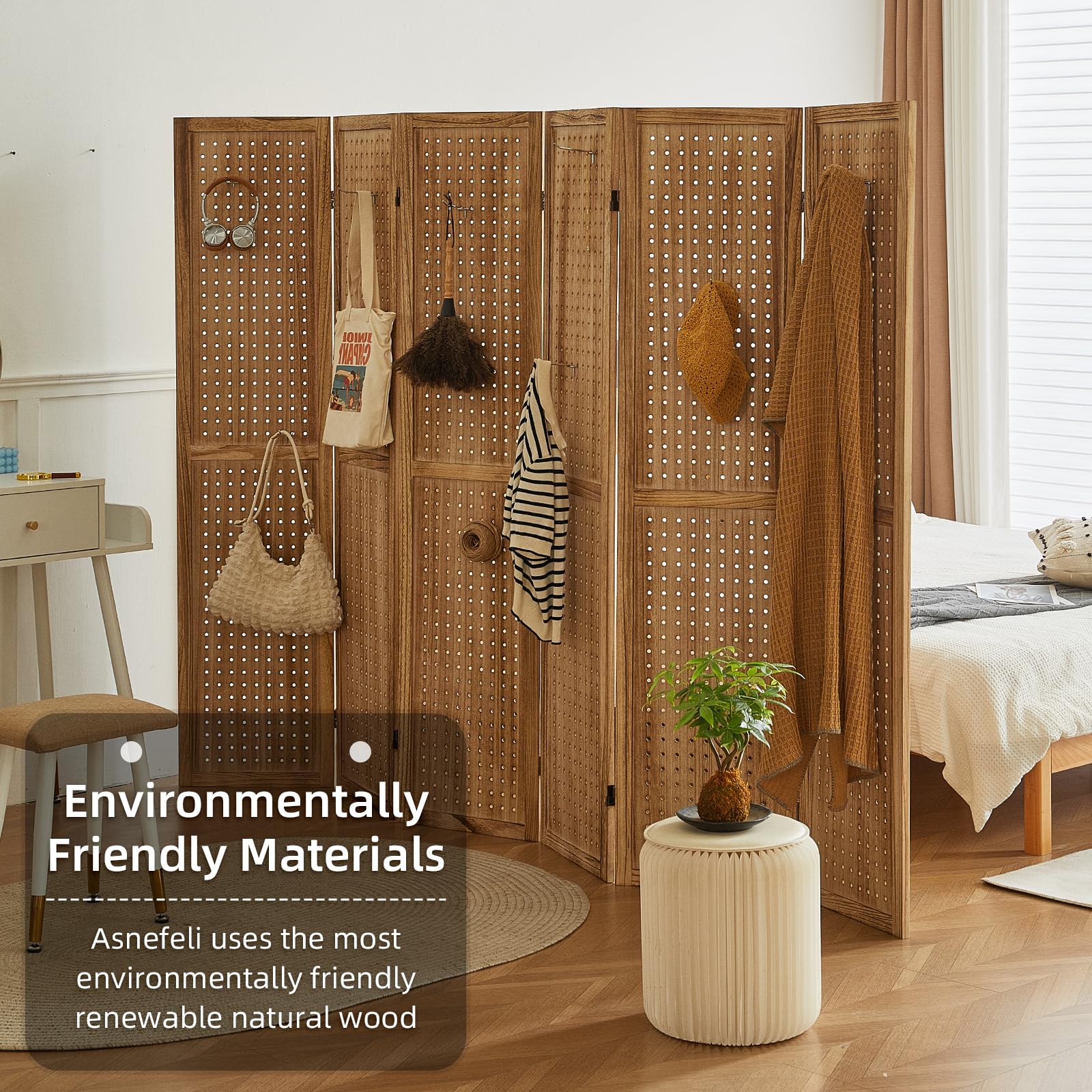 24-Hook Pegboard Display & 6-Panel Folding Room Divider - 5.6Ft Portable Privacy Screen, Freestanding Wooden Wall Organizer for Bedroom, Office & Reading Room - Natural Finish | Perfect for Home Organization & Space Division