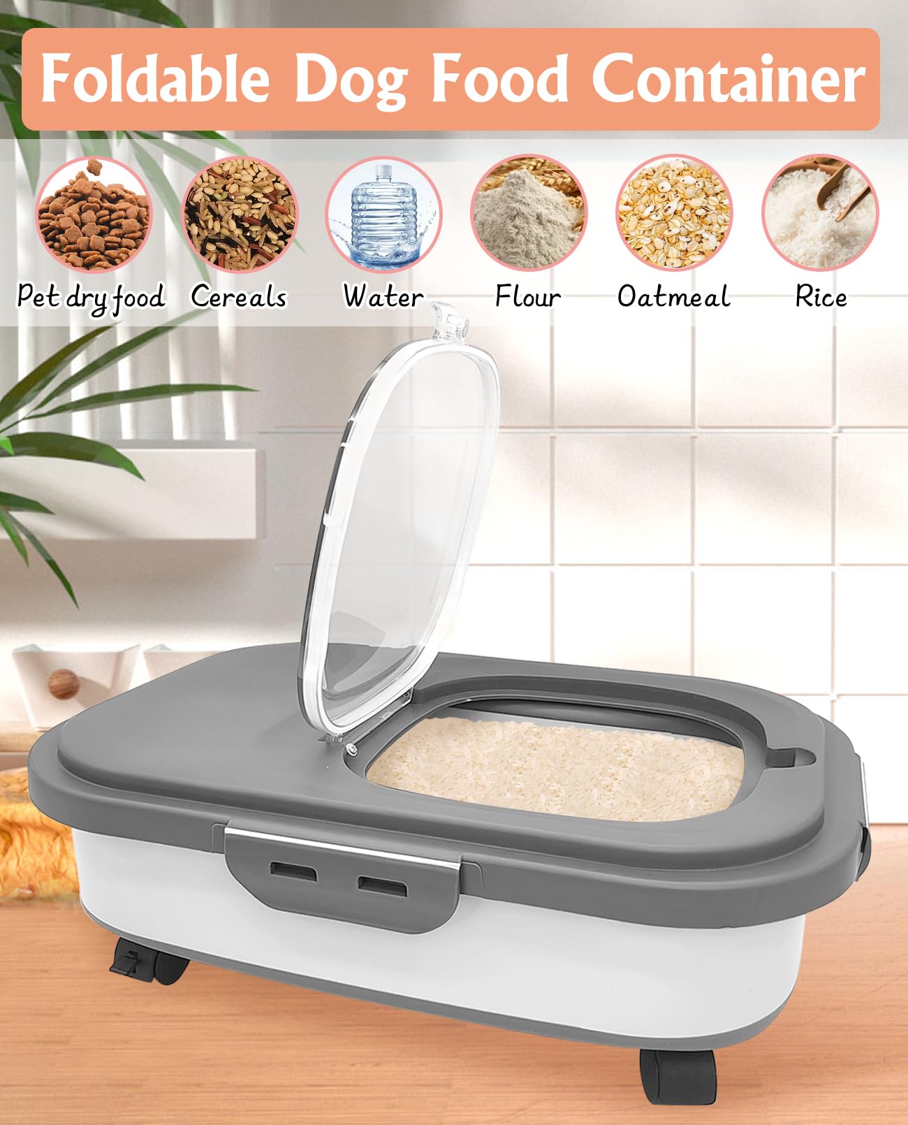 BNOSDM 15-20 Lbs Collapsible Dog Food Storage Container - Airtight Pet Food Bin with Folding Bowl, Measuring Cup & Scoop - Portable Dry Food Dispenser for Dogs & Cats - Perfect for Kitchen, Travel & Outdoor Use