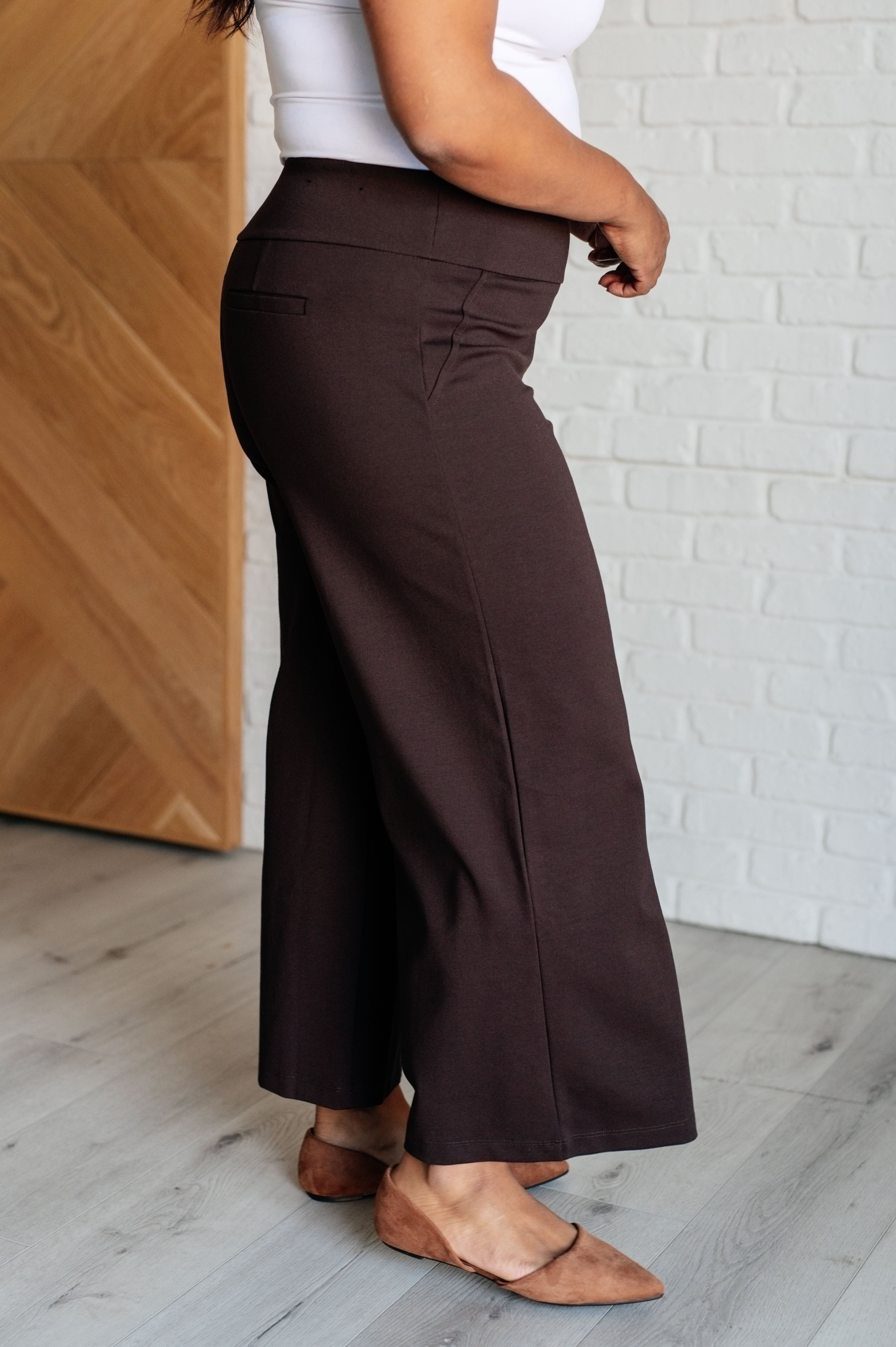 Women's High Waisted Magic Wide Leg Crop Pants - Soft Stretchy Comfortable Casual Trousers in Chocolate Brown for Work, Travel & Everyday Wear