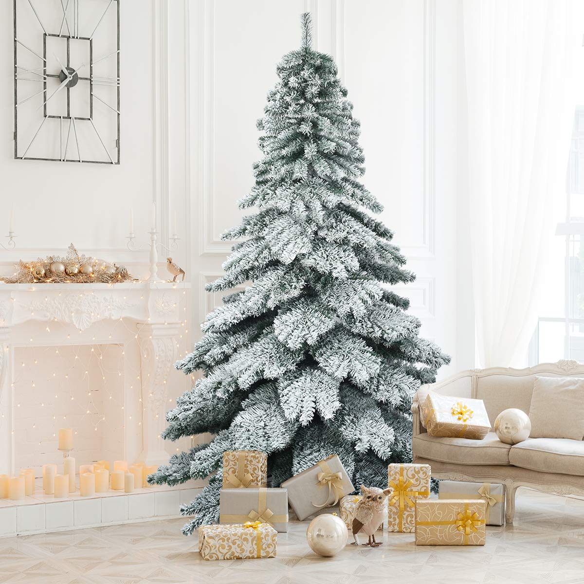 GOFLAME 7.5ft Snow Flocked Artificial Christmas Tree with Metal Stand - Realistic Hinged Fir Tree | 100% PVC Material | Easy Setup for Holiday Decor | Perfect for Living Room, Office & Christmas Party Decorations