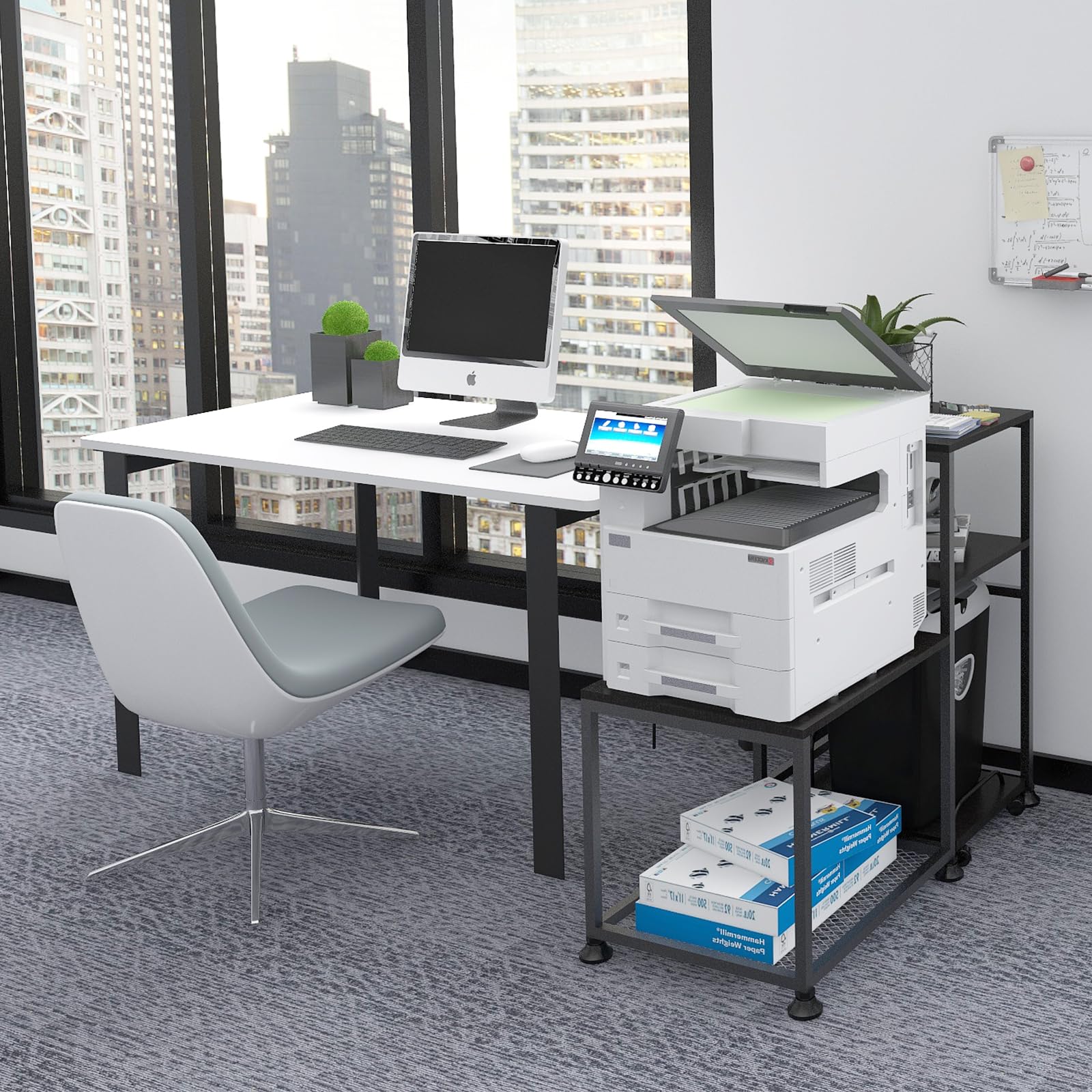 Natwind Printer and Shredder Stand with Power Outlet - Heavy Duty Ergonomic Workstation Organizer for Home Office, Black - Perfect for Desk Organization & Cable Management